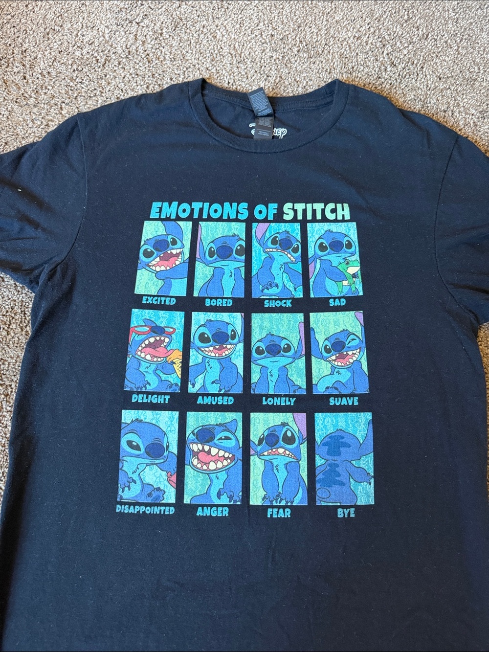 Disney Black Tee with Blue Stitch 'Emotions of Stitch' Panels